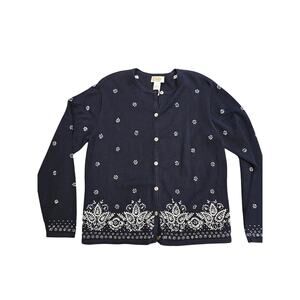 Vtg talbots button down cardigan navy white beaded embroidered womens large